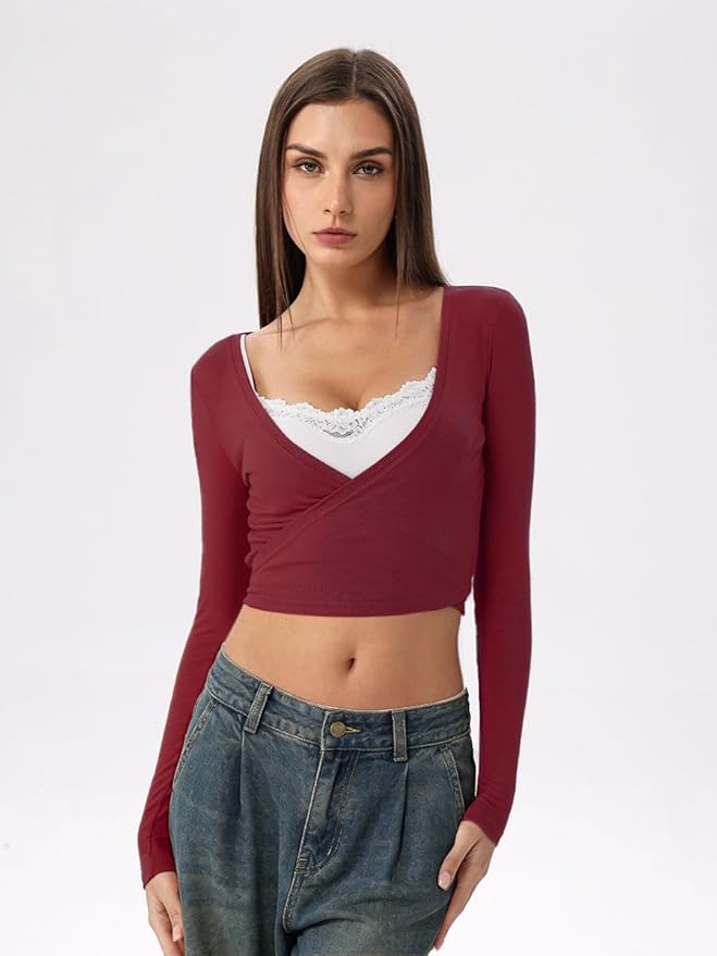 Danysu Ballet Wrap Tops Long Sleeve Cross Tie Crop Shirts Deep V-Neck Dance Clothes Fall Cardigans