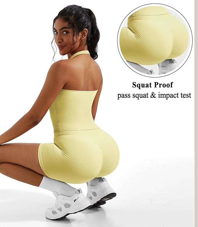 OMKAGI 2 Piece Workout Sets for Women Halter Sports Bra Tank Gym Biker Shorts Outfits