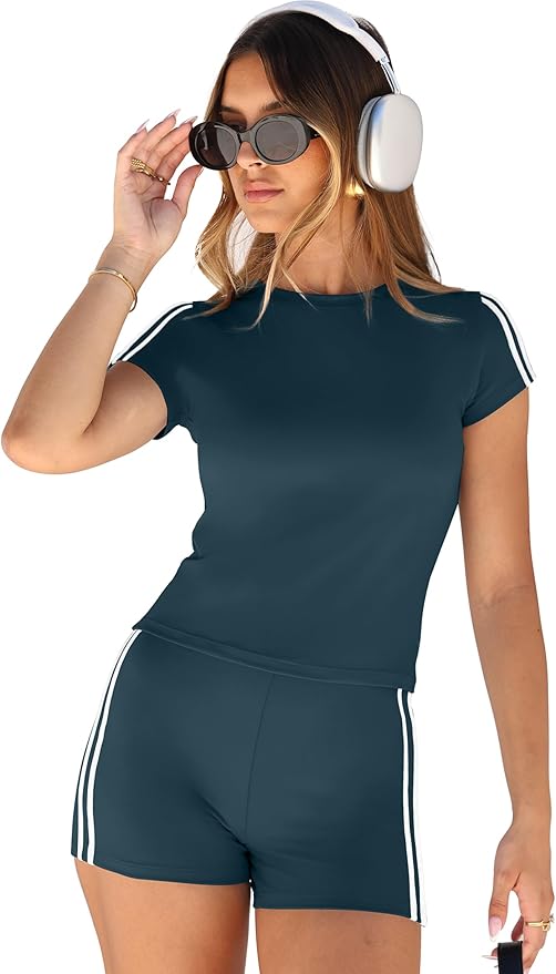 NIASHOT Womens Two Piece Lounge Sets Summer Contrast Side Stripes 2 Piece Workout Athletic Outfits Matching Clothing Set