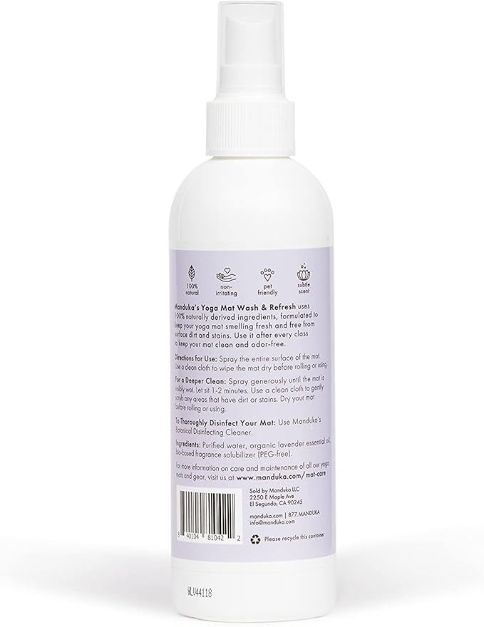 Manduka Yoga Mat Wash and Refresh – 100% Natural Essential Oil Yoga Mat Cleaning Spray, Fitness Equipment and Gym Accessories Cleaner, Non-irritating, Pet Friendly - Lavender Scent, 8 oz