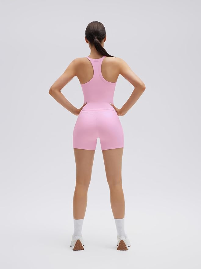 SUUKSESS Women 2 Piece Workout Sets High Waisted Biker Shorts with Pockets Built in bra Racerback Tank Tops