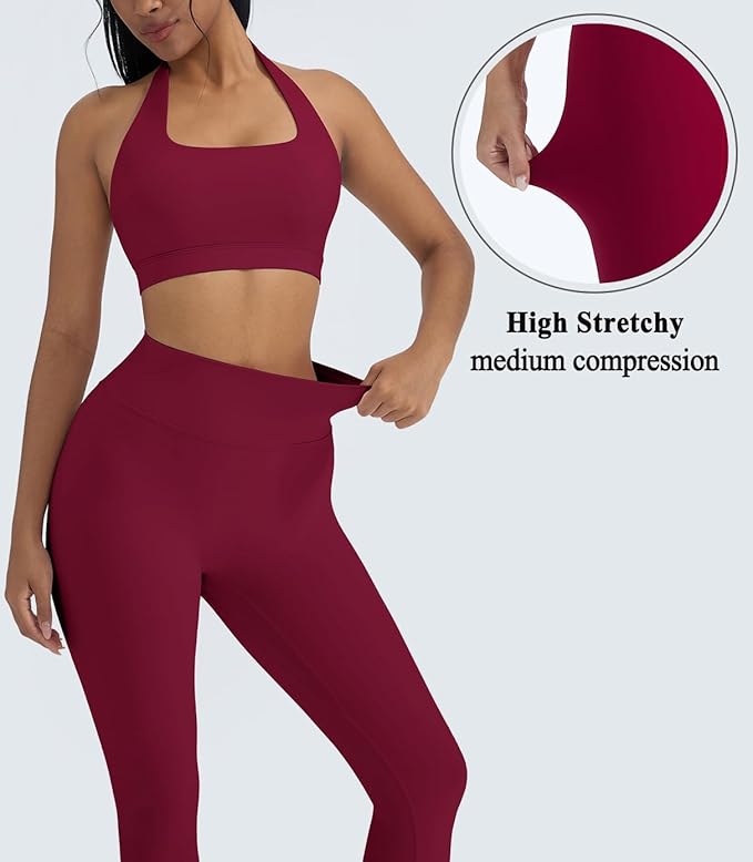 OMKAGI 2 Piece Workout Sets for Women Halter Sports Bras Gym Sets Booty Leggings Outfits