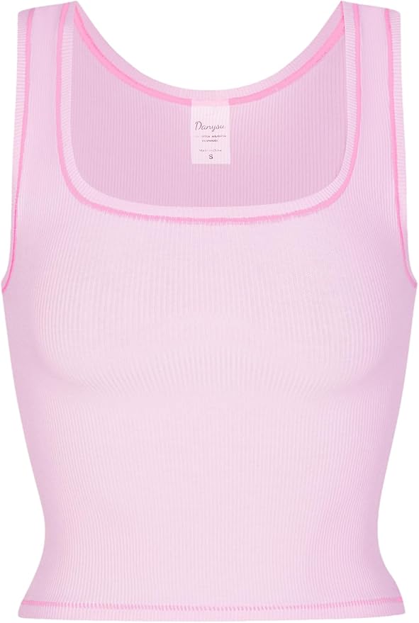 Danysu Women Rib Tank Top Padded Workout Top Square Neck Crop Tank Fitted Basic Cami Tops
