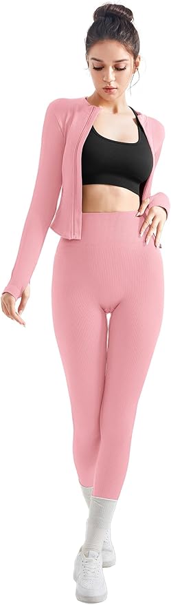 SUUKSESS Women 2 Piece Seamless Ribbed Workout Sets With Zip Up Jacket High Waisted Gym Yoga Leggings