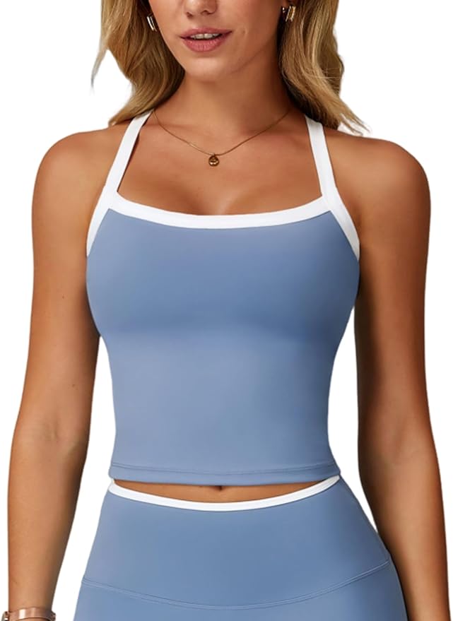 QBGJTD Womens Longline Sports Bras Cross Back Active Gym Yoga Padded Workout Crop Tank Top with Built in Bra