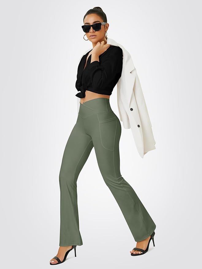FOHOFO Yoga Pants Women, Flare Leggings for Women with Pockets Crossover High Waisted Bootcut Yoga Pants