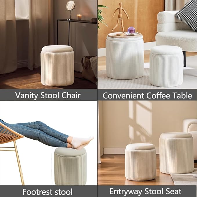 BLEXA Round Ottoman with Storage Set of 2-Upholstered Velvet Vanity Stool for MakeupMultifunctional Ottomans Coffee Table Padded Seat Foot Rest for Living Room&Bedroom(White-Upgrade Tray Lid)