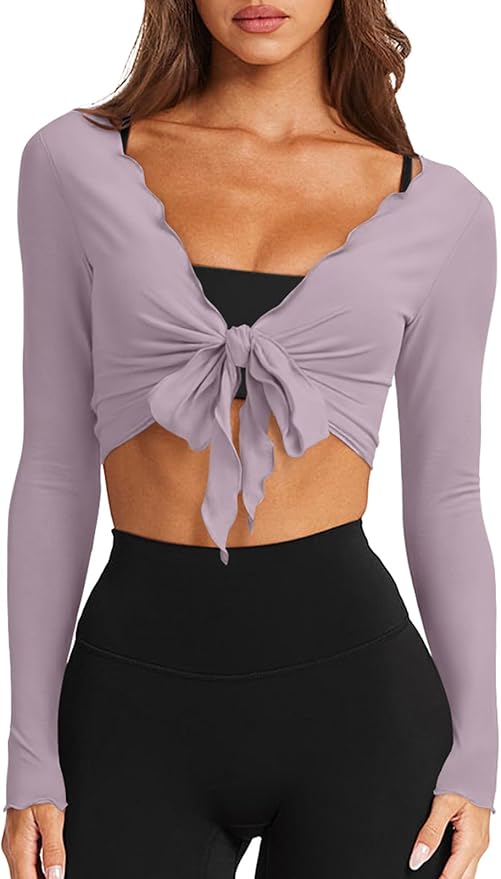 LASLULU Womens Tie Front Wrap Tops Long Sleeve Bolero Shrugs Crop Cardigan Yoga Ballet Cover up Tops Pilates Outfits