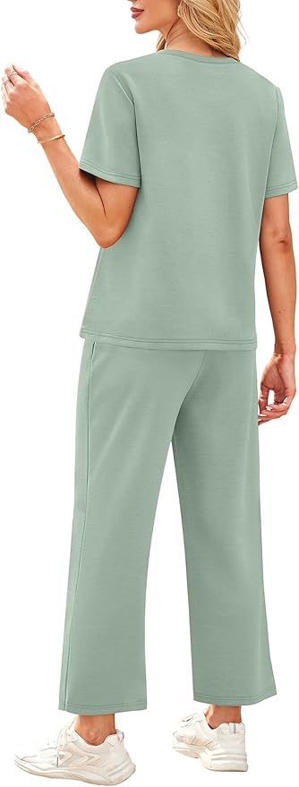 WIHOLL 2 Piece Sets for Women Casual Summer Travel Vacation Outfits Short Sleeve Wide Leg Crop Pants Lounge Sets