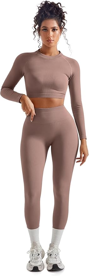 SUUKSESS Women 2 Piece Workout Sets Hidden Scrunch Hip Lifting Seamless Leggings Long Sleeve Yoga Crop Tops