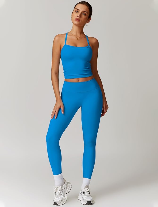 QBGJTD Womens Workout Sets Two Piece Cross Back Tank Top Matching High Waist Leggings Sets Gym Outfits Work Out Clothes