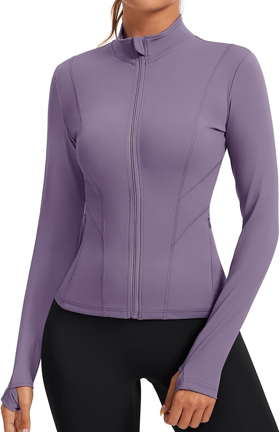 Rapbin Women's Slim Fit Workout Jackets Full Zip Long Sleeve Running Athletic Tops Yoga Shirts with Thumb Holes