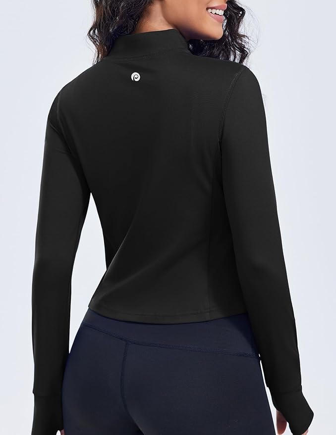 PINSPARK Women Cropped Workout Jackets Full Zip Slim Fit Athletic Jackets Thumb Holes Running Jacket with Zipper Pockets