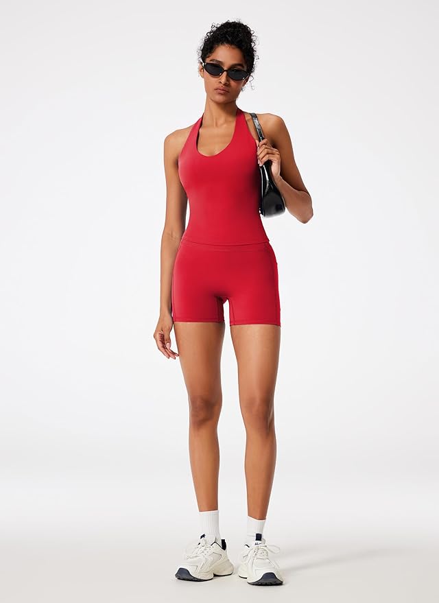 RXRXCOCO Halter Workout Sets for Women 2 Piece V Neck Tank Tops Hidden Scrunch Booty Shorts Gym Outfits with Pockets