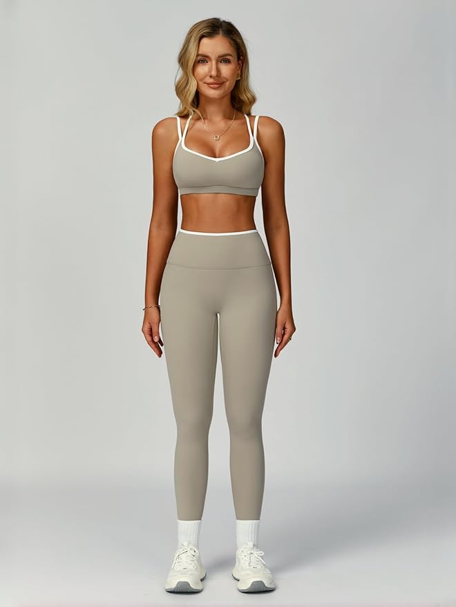 ABOCIW Two Piece Workout Sets for Women Color Block Strappy Sports Bra High Waist Leggings Yoga Pilates Outfits
