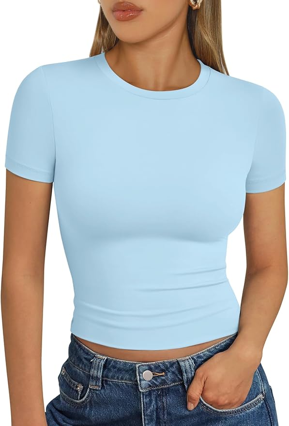 Trendy Queen Womens Short Sleeve T Shirts - Buttery Soft Summer Crop Tops Slim Fit Y2k Basic Tees for Workout