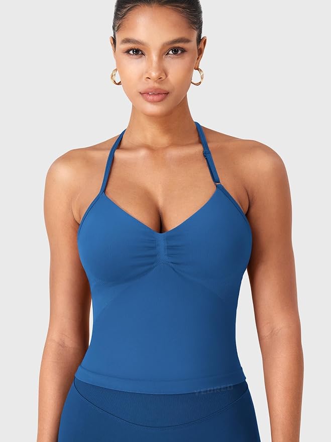 YEOREO SoftHue Impact Longline Strappy Top Women's Halter Workout Tank Tops Backless Gym Longline with Adjustable Strap
