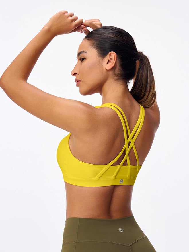 Women's Strappy Sports Bras Light Compression Crop Criss Cross Back Padded Workout Yoga Bra Supportive U Neckline