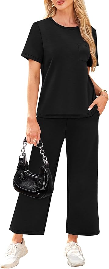 WIHOLL 2 Piece Sets for Women Casual Summer Travel Vacation Outfits Short Sleeve Wide Leg Crop Pants Lounge Sets