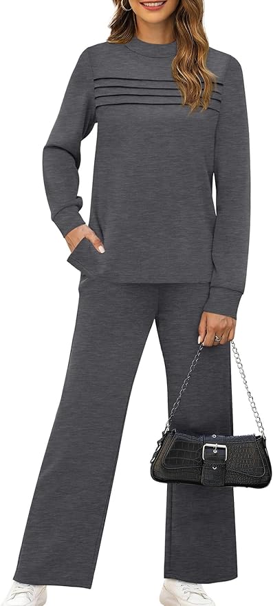 WIHOLL Two Piece Sets for Women Spring Travel Vacation Outfits 2026 Long Sleeve Lounge Sets Side Slit Wide Leg Pants S-3XL