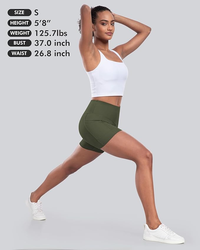 CHRLEISURE Womens Biker Yoga Shorts with Pocket, High Waisted Tummy Control 5 Inch Workout Spandex Athletic Gym Shorts