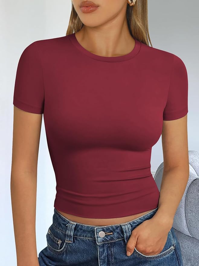 Trendy Queen Womens Short Sleeve T Shirts - Buttery Soft Summer Crop Tops Slim Fit Y2k Basic Tees for Workout