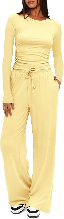 Darong Women's 2 Piece Outfits Lounge Sets 2026 Long Sleeve Tops Wide Leg Pants Casual Matching Set
