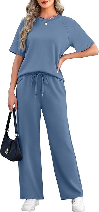 WIHOLL 2 Piece Sets for Women Resort Wear Travel Vacation Outfits Summer Short Sleeve Lounge Sets