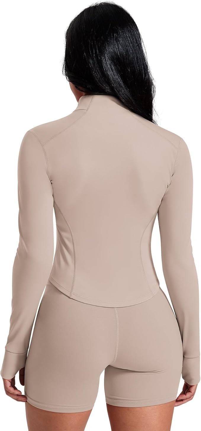 AVGO Women's Workout Jacket Lightweight Zip Up Crop Top Running Sportwear Slim Fit Gym Jackets With Thumb Holes
