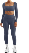 SUUKSESS Women 2 Piece Workout Sets Compression Tummy Control Leggings with Pockets Long Sleeve Square Neck Padded Crop Tops