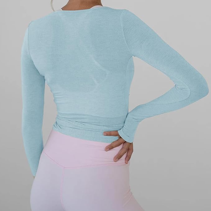 Women Wrap Top Long Sleeve Deep V Neck Cross Tie Workout Ballet Pilates Yoga Shirt
