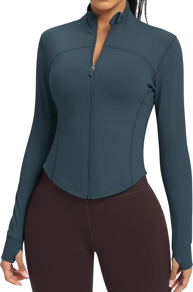 Women BBL Jacket Full Zip UP Workout Athletic Cropped Jacket wIth Thumb Holes Running Yoga Sportswear