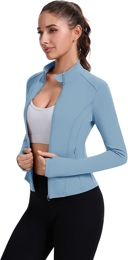 ZHENWEI Workout Jackets for Women Full Zip Up Cropped Athletic Long Sleeve Lightweight Slim Fit Running Tops with Pockets