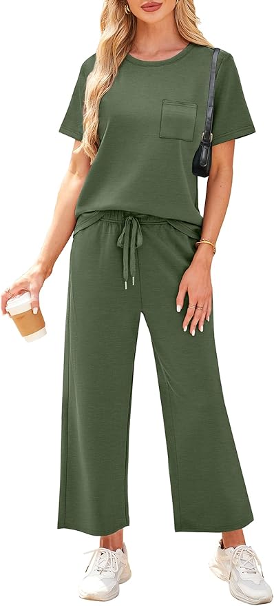 WIHOLL 2 Piece Sets for Women Casual Summer Travel Vacation Outfits Short Sleeve Wide Leg Crop Pants Lounge Sets