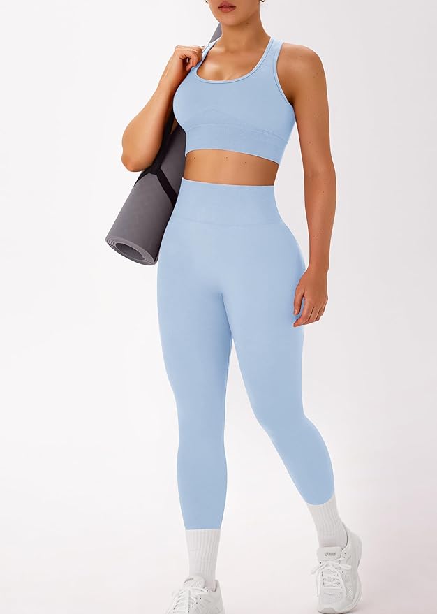 OLCHEE Womens Workout Sets 2 Piece - Acid Wash Seamless Yoga Outfits High Waist Leggings Padded Racerback Sports Bra Gym Set