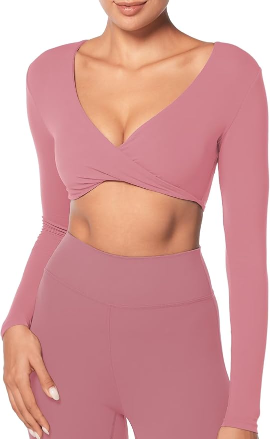 Sunzel Long Sleeve Workout Tops for Women Buttery Soft Deep V Twist Cropped Tops with Compression for Yoga Pilates Gym Outfit