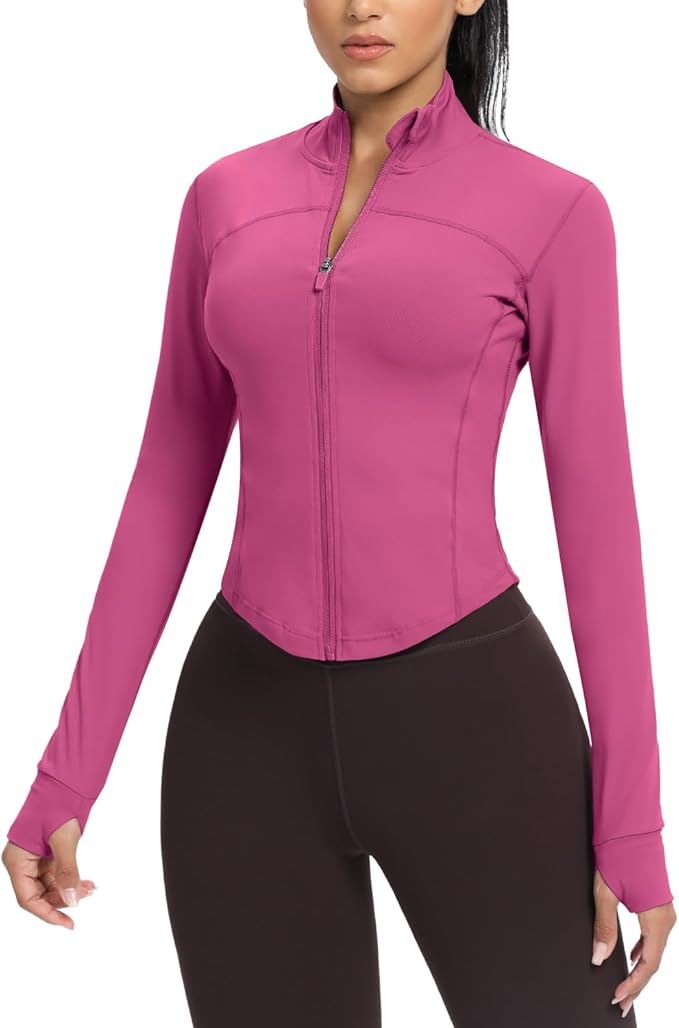 AVGO Women's Cropped Running Workout Jackets Zip Slim Fit Athletic Tops with Thumb Holes