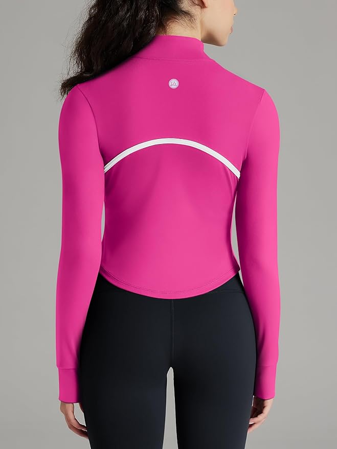 Women Workout Jacket Cropped Contrast Seam Zip Up Athletic Jacket Yoga Sportswear with Thumb Holes