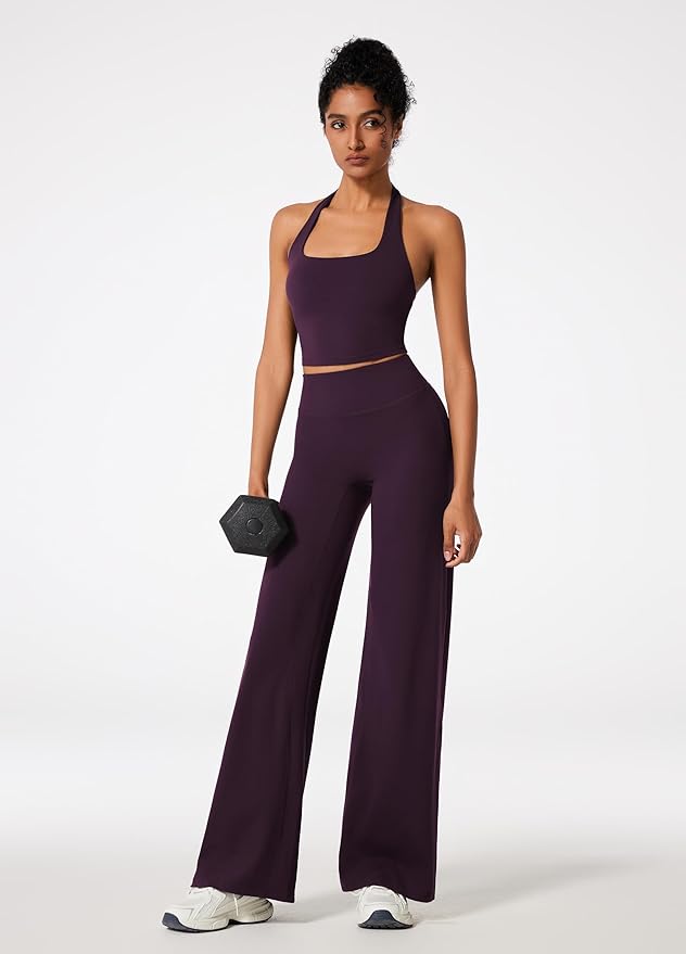 RXRXCOCO Halter Workout Sets for Women 2 Piece Padded Crop Tank Tops Straight Leg Yoga Pants Outfits with Hidden Pocket