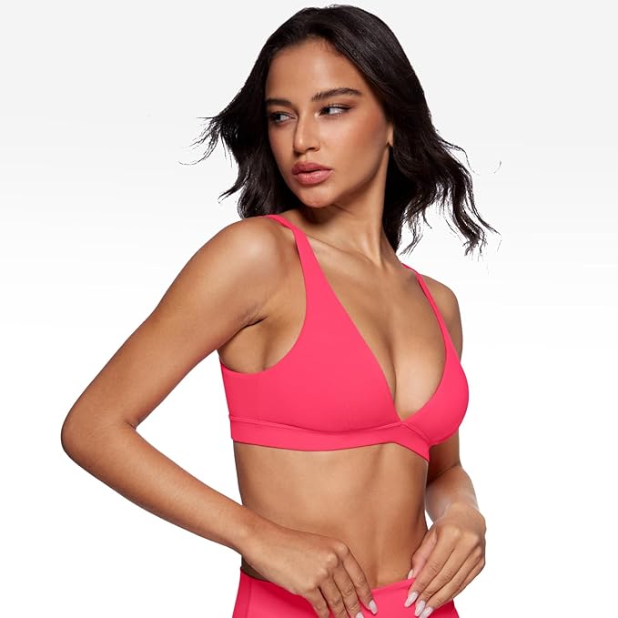 INGIA Womens Deep V-Neck Sports Bra Padded Low Impact Fitness Yoga Bra U Back Wireless Workout Bra Contour Crop Top