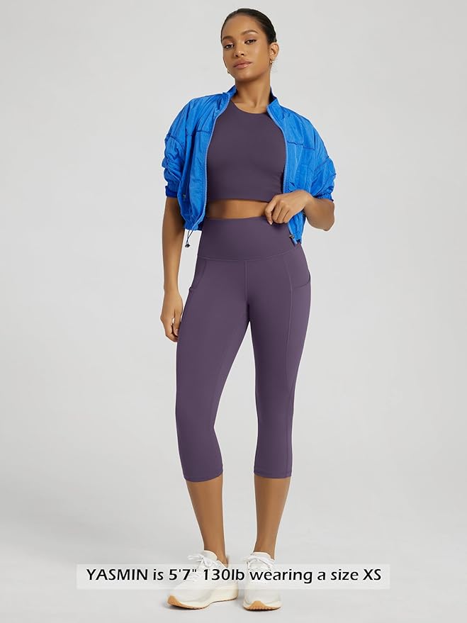 ODODOS Women's High Waisted Yoga Capris with Pockets, Tummy Control Non See Through Workout Athletic Running Capri Leggings