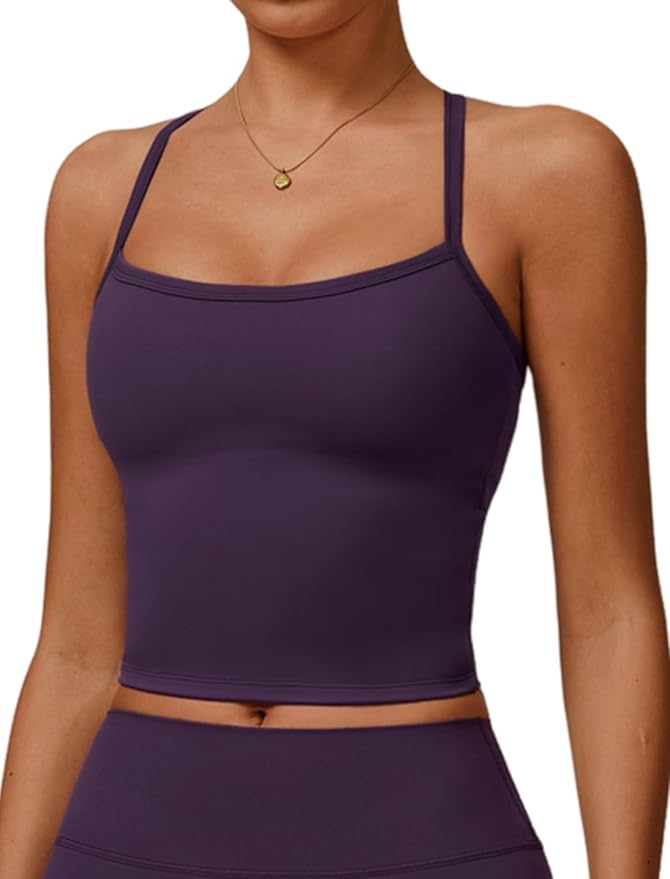 QBGJTD Womens Longline Sports Bras Cross Back Active Gym Yoga Padded Workout Crop Tank Top with Built in Bra