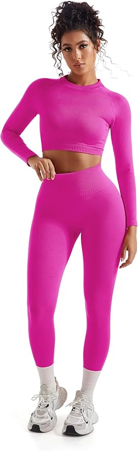 SUUKSESS Women 2 Piece Workout Sets Hidden Scrunch Hip Lifting Seamless Leggings Long Sleeve Yoga Crop Tops