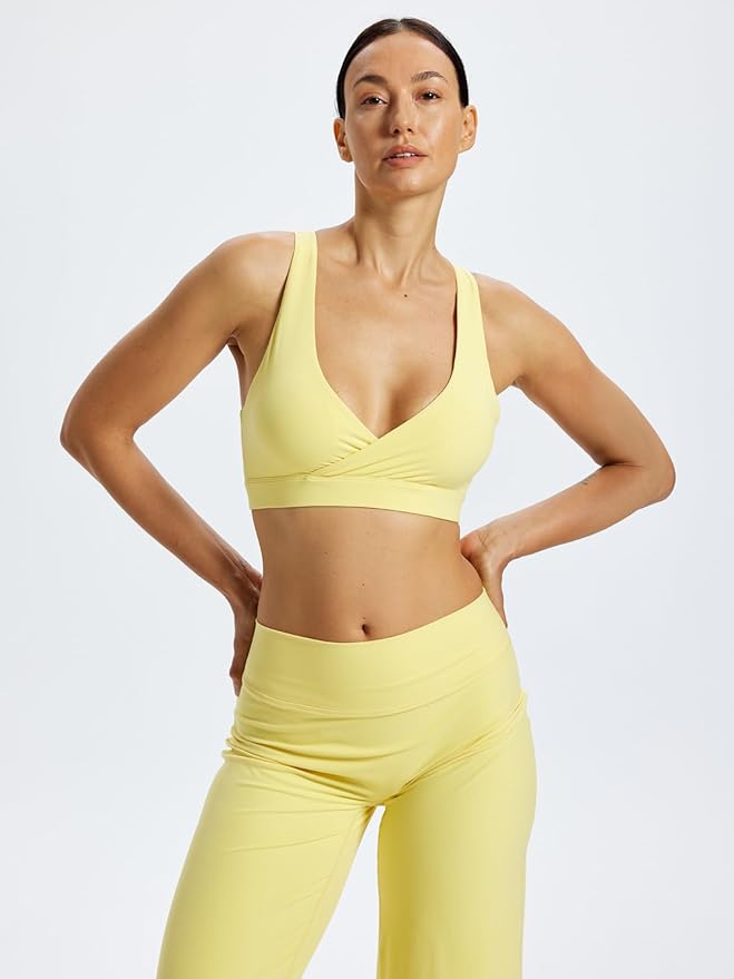 Ruched V Neck Criss Cross Back Ballet Sports Bra Wrap Front Yoga Medium Support Workout Crop Top Removable Pads