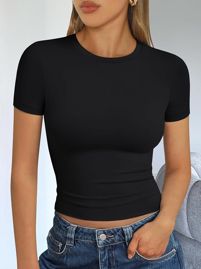 Trendy Queen Womens Short Sleeve T Shirts - Buttery Soft Summer Crop Tops Slim Fit Y2k Basic Tees for Workout