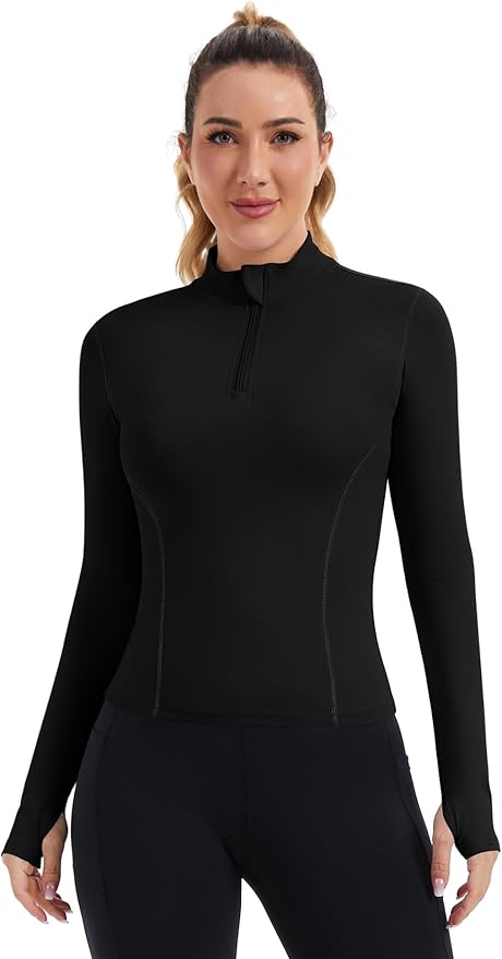 ZHENWEI Womens Workout Tops Long Sleeve Quarter Zip Pullover Quick Dry Golf Shirt Athletic Slim Fit Crop Yoga Gym Tops