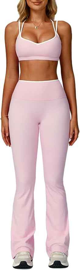 ABOCIW Workout Sets for Women 2 Piece Color Block Strappy Sports Bra High Waist Flare Leggings Gym Yoga Pilates Outfits