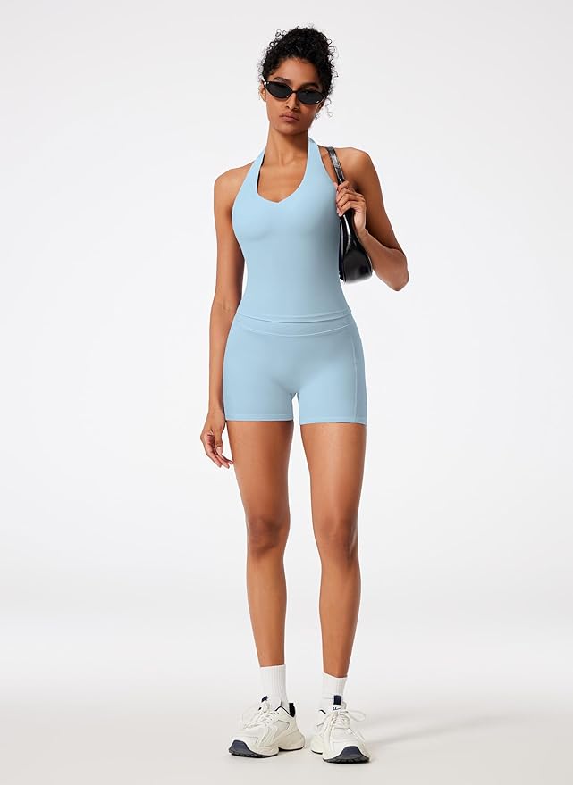 RXRXCOCO Halter Workout Sets for Women 2 Piece V Neck Tank Tops Hidden Scrunch Booty Shorts Gym Outfits with Pockets