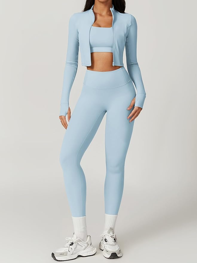 Yknktstc Womens Full Zip Athletic Jacket with Thumbhole Long Sleeve Crop Top Running Workout Yoga Sportswear Shirt