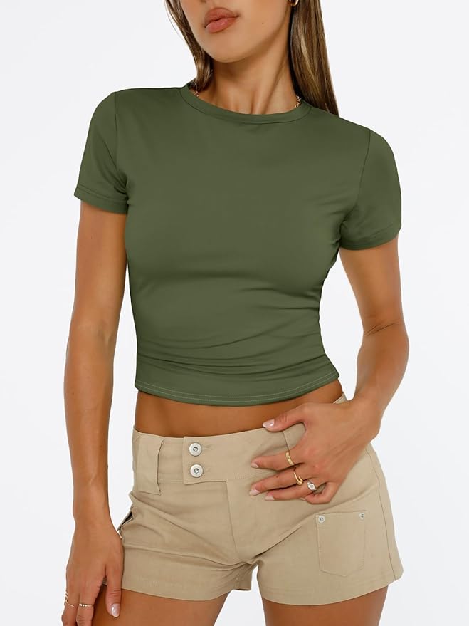 Trendy Queen Womens Short Sleeve T Shirts - Buttery Soft Summer Crop Tops Slim Fit Y2k Basic Tees for Workout